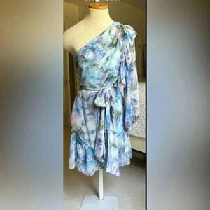 Alex Marie one shoulder long sleeve abstract floral dress petite 6 NWT